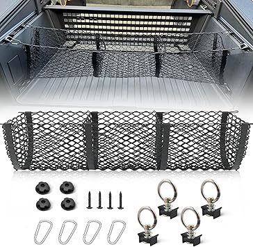 RED WOLF 3 Pocket Cargo Mesh Net for 2024-2025 Tesla Cybertruck Trunk Organizer Netting Rear Bucket Storage Net with L-Track Round Ring D-Carabiner Mounting Hook
